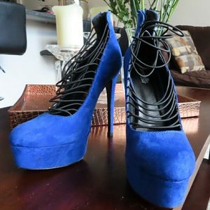 Blue, Suede, Strappy, Round-toe, Platform Heels